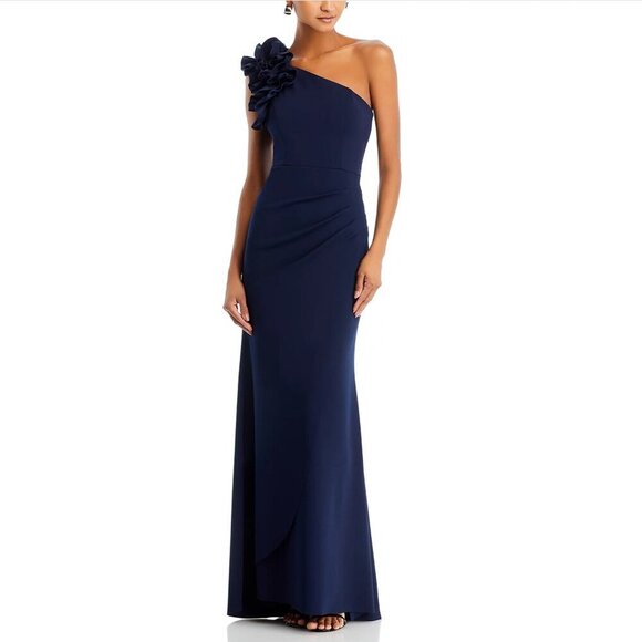 Aqua Dresses & Skirts - Navy One Shoulder Ruffle Crepe Evening Gown by AQUA | Women's Size 12